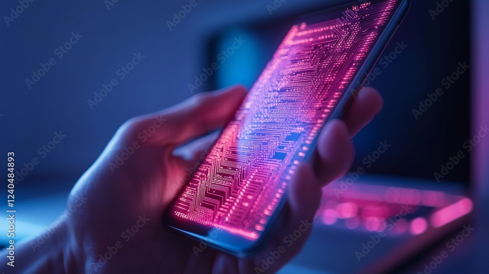 Aufkleber Neon-Lit Digital Finance Smartphone with Cryptocurrency Wallet Interface and Tech Aesthetic - Fintech Innovation and Mobile Payment Solutions for Modern Business