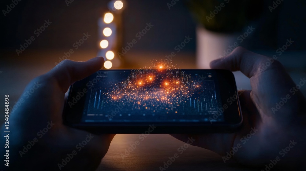 Poster NFT Marketplace Glow Smartphone in Dimly Lit Room with Warm Lamp - Blockchain Art Interface for Digital Collectibles and Online Privacy in Tech-Driven Commerce