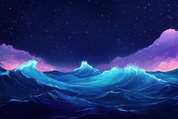 Night Ocean Waves Under Starry Sky