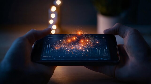 NFT Marketplace Glow Smartphone in Dimly Lit Room with Warm Lamp - Blockchain Art Interface for Digital Collectibles and Online Privacy in Tech-Driven Commerce