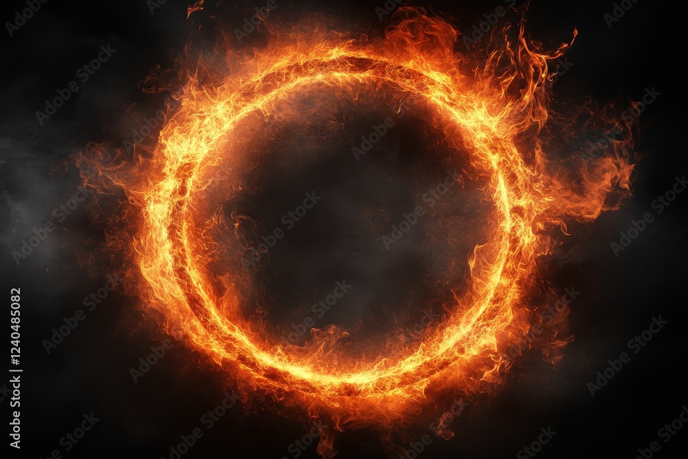Poster fiery circular formation with glowing flames against a dark background creating an intense visual ef