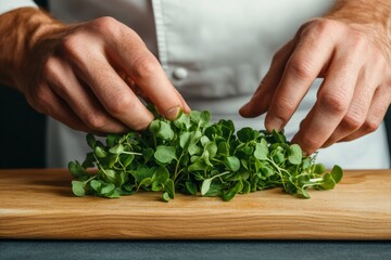 Aesthetic Culinary Art Chefs Hands Arranging Fresh Microgreens on Wooden Board - Elevate Farm-to-Table Dining and Functional Food Experiences with Health-Driven Innovation