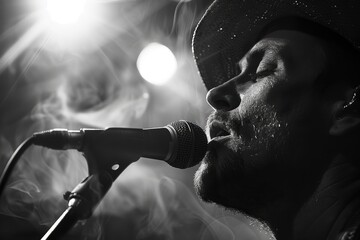 Intense Black and White Portrait of a Male Singer Performing with Microphone Amidst Stage Lights and Smoke Effects