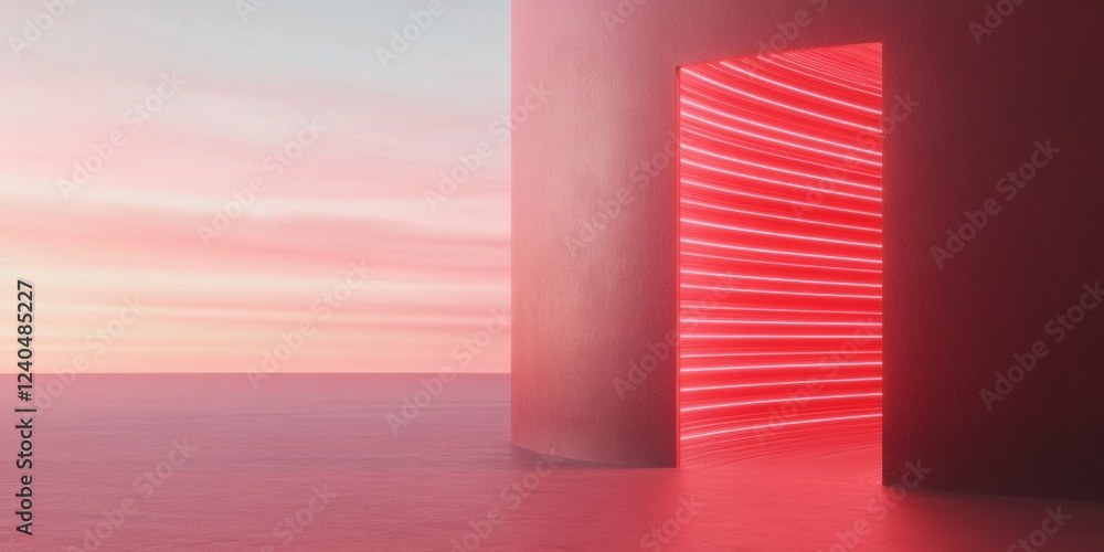 Leinwandbilder Neon Cybersecurity Concept Curved Metal Room with Holographic Encryption Key and Digital Tunnel - Tech Innovation Visual and Data Center Security Enhancement
