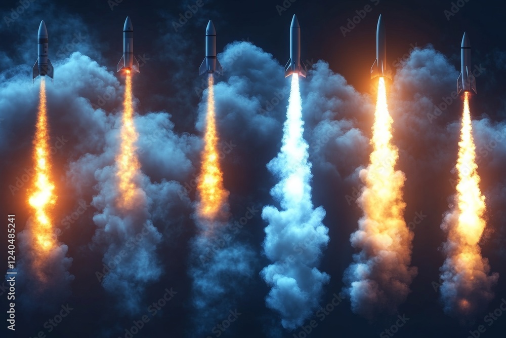 Aufkleber rockets launch into the night sky amidst vibrant smoke and flames in a thrilling display of technolo