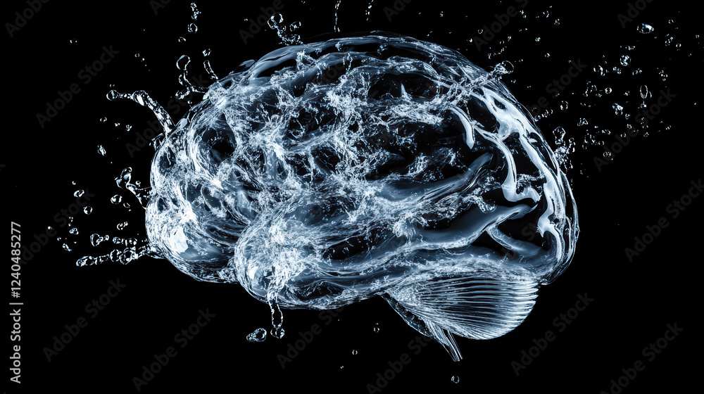 Poster abstract representation of brain with flowing water, symbolizing creativity and fluidity. image capt