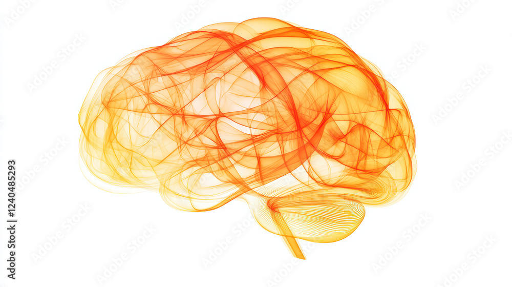 Poster abstract representation of brain with flowing lines in orange hues, symbolizing creativity and thoug