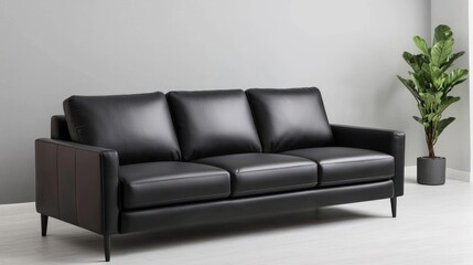 Fototapeta premium Black Leather Sofa in Modern Living Room
