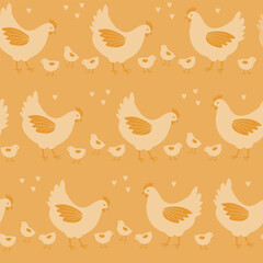 Seamless pattern with chicken, monochromatic yellow.