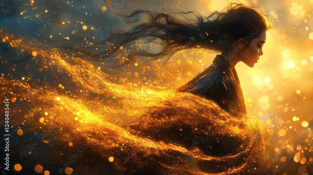 Poster elegant artistic rendering of painter in motion splashing paint to form the outline of a young girl 