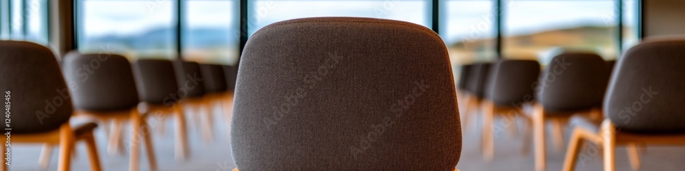 Poster modern nordic conference setup minimalist grey fabric seating in bright venue - business innovation 