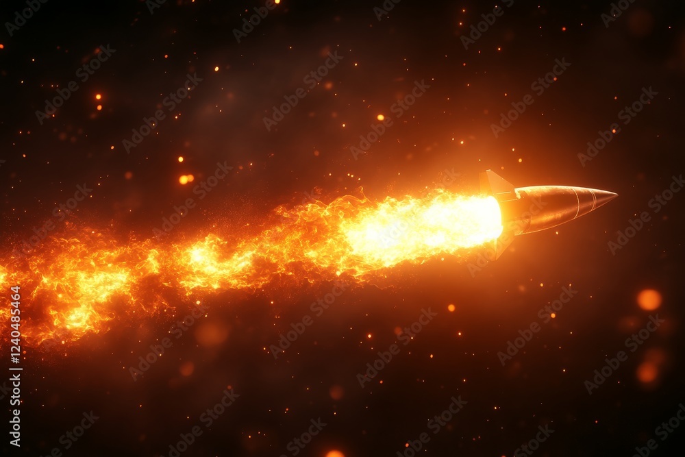 Aufkleber rocket launching into space with vibrant flames and glowing particles in the background