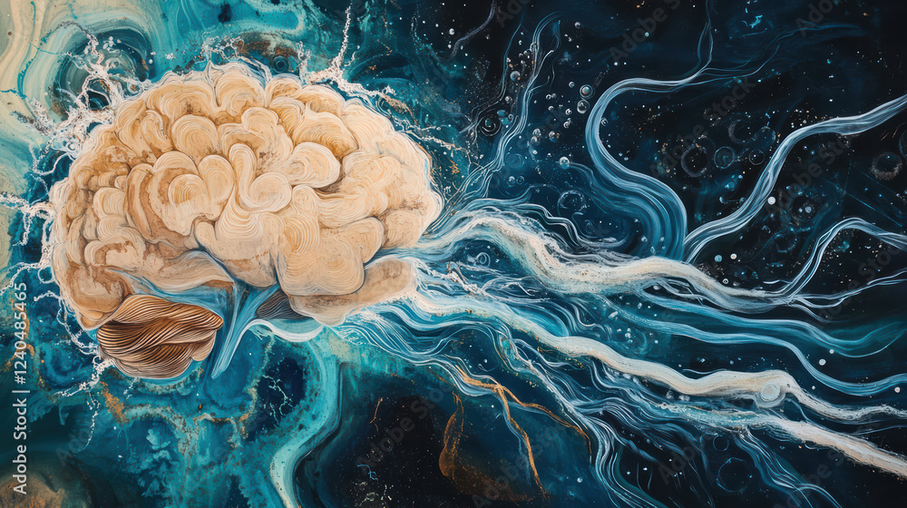 Aufkleber abstract representation of brain with flowing water, showcasing vibrant colors and intricate pattern