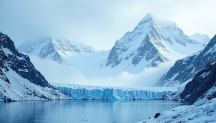 Snowy peaks shrouded in mist and veiled by a glacier, serene, ice, snow
