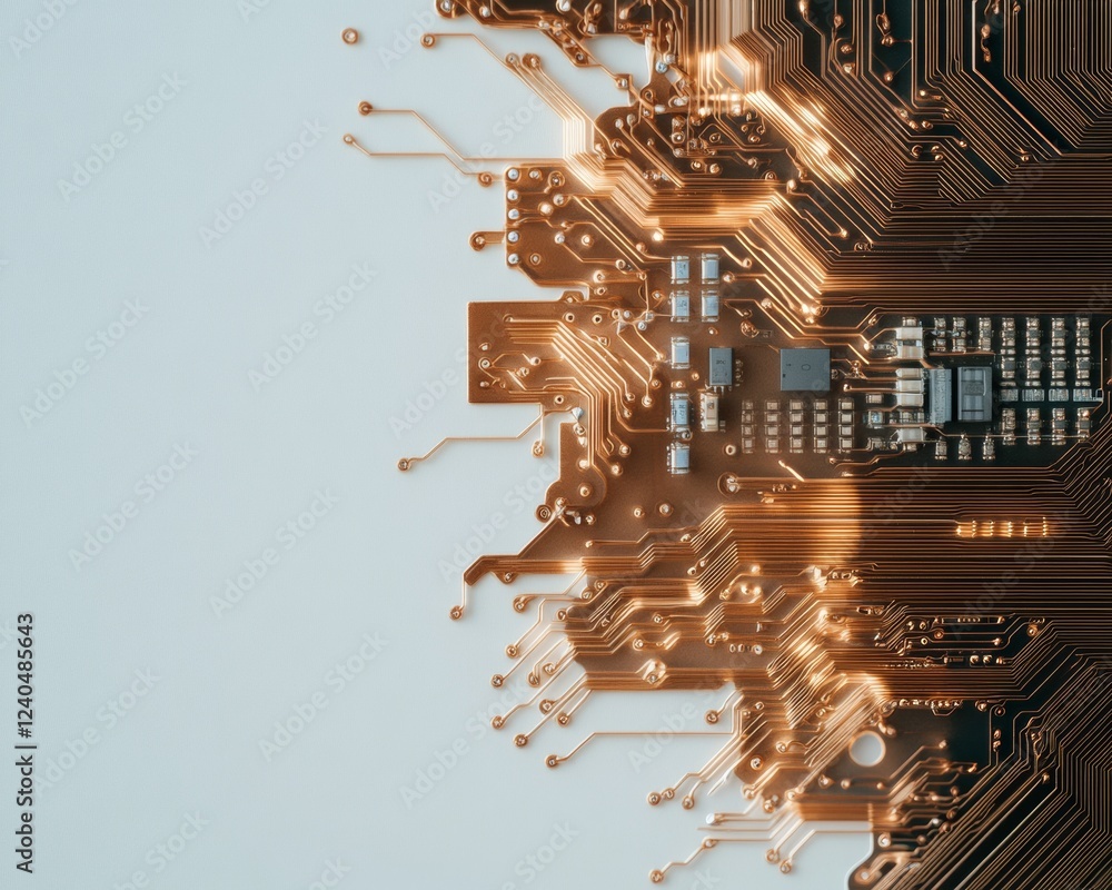 Poster sleek circuit board artistry copper microchip arrangement on blue surface - advanced tech innovation
