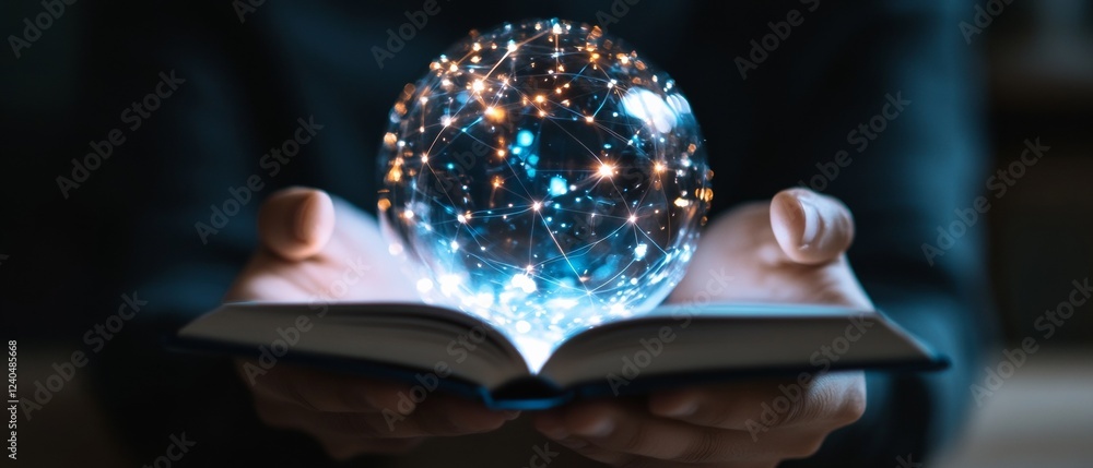 Aufkleber Futuristic Literary Engagement Interactive Hand and Storybook Hologram with Electric Blue Glow - Transformative Educational and Marketing Applications in Tech and Design Spaces