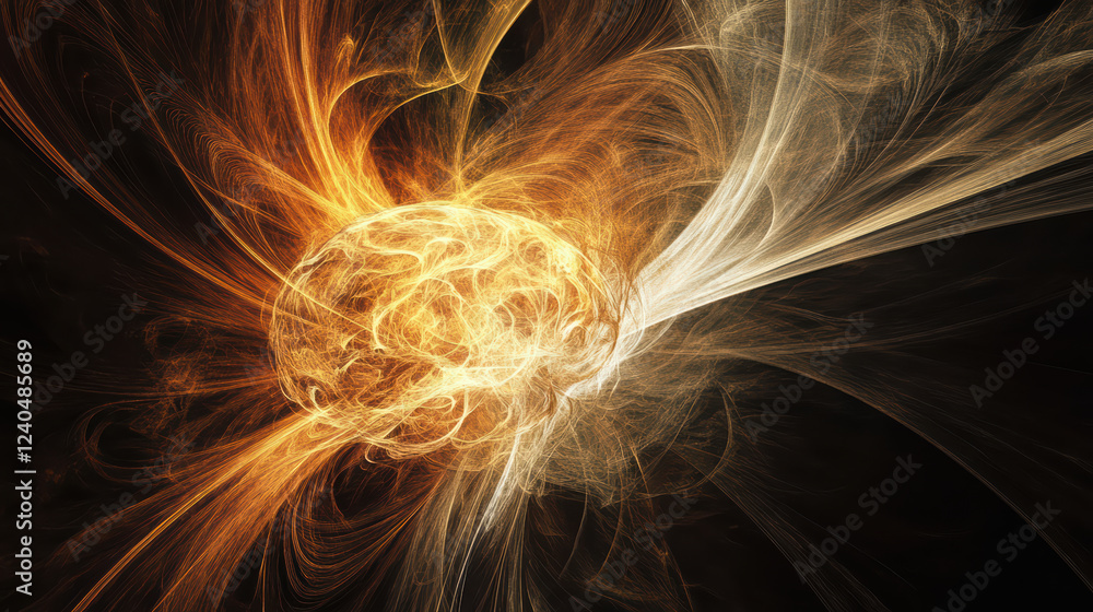 Poster abstract representation of brain with light rays, showcasing vibrant colors and dynamic energy. this
