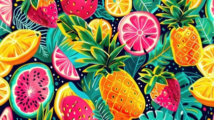 Vibrant and Colorful Tropical Fruit Pattern Featuring Pineapple, Watermelon, Strawberry, Lemon, and Lime on Deep Blue Background