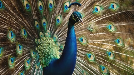 Obraz premium Peacock displaying its magnificent fan of iridescent tail feathers in full splendor.
