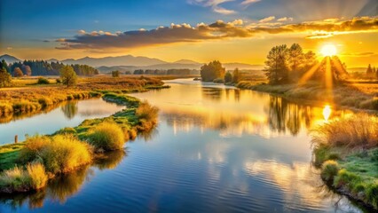 Obraz premium Golden light gently illuminates the tranquil Snohomish River Delta as morning sun rises over the serene waterway in Everett Washington , everett wa, serene landscape