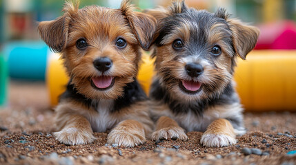 Joyful puppies celebrate National Puppy Day in a vibrant park play area filled with colorful toys and happy sounds