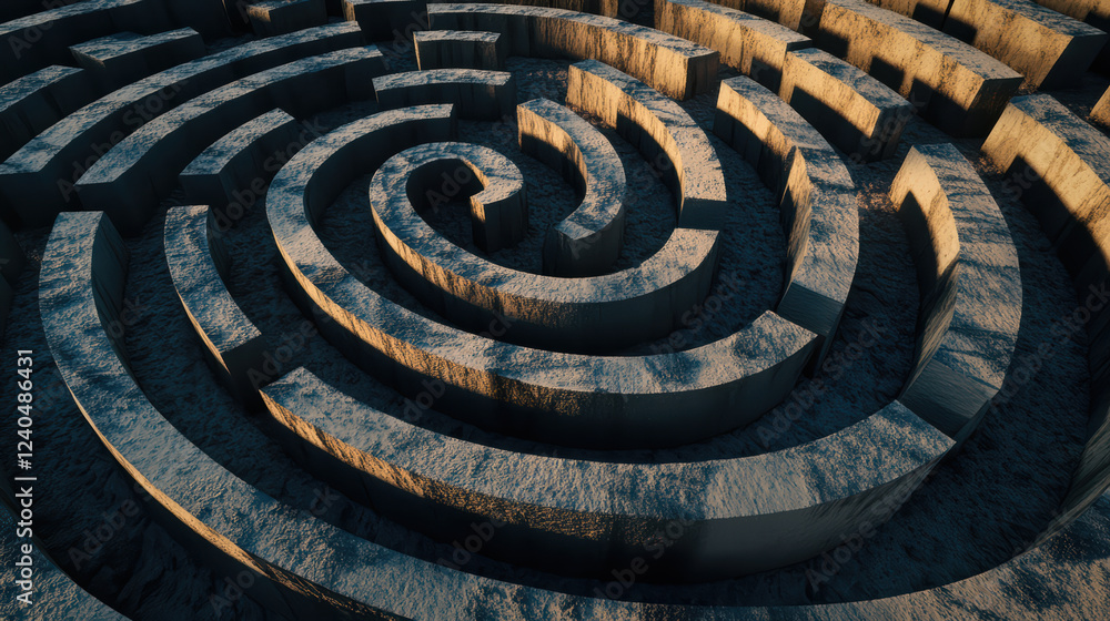 Poster abstract representation of labyrinth, symbolizing complexity and exploration. intricate design featu