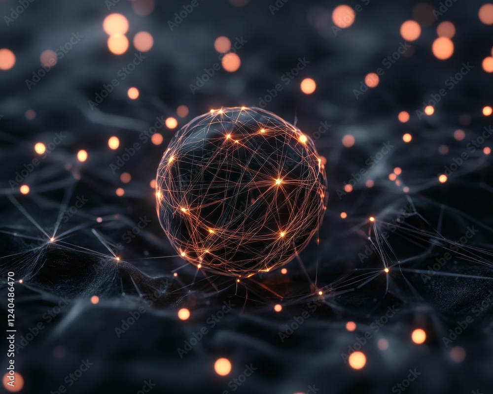 Poster Neoteric Digital Network Art Illuminated Orb with Light Fragments on Dark Backdrop - Tech Innovation and Big Data Visualization for Modern Business Solutions