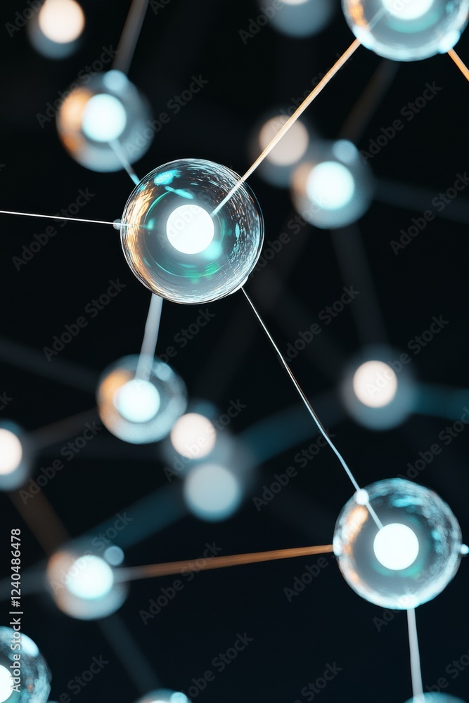Poster Neon Tech Network Illuminated Glass Orbs with Glowing Nodes and Radiant Wires - Futuristic Connectivity Design for Digital Infographics and Data Visualization