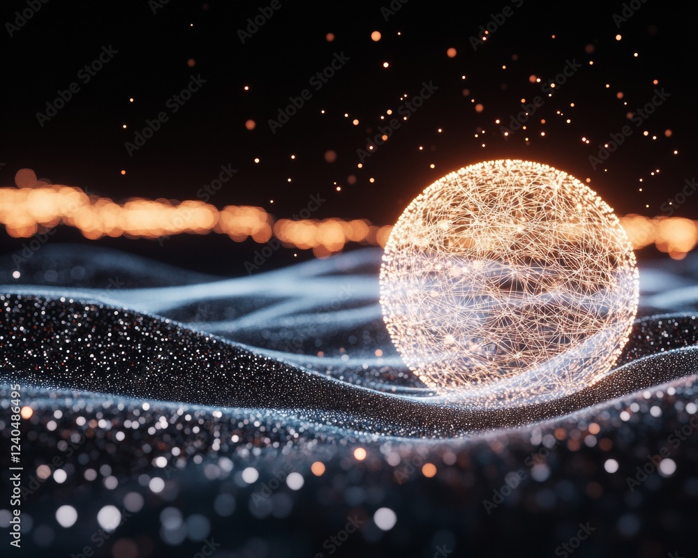 Aufkleber Futuristic Digital Network Art Luminous Orb with Light Particles on Textured Black - Innovative Tech Visualization for Modern Cloud Computing and Data Analytics