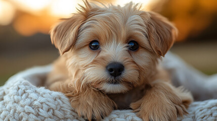 Celebrate National Puppy Day with a adorable puppy nestled in a cozy blanket during sunset