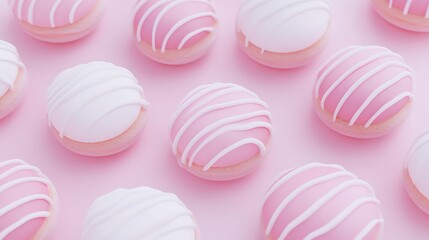 Obraz premium Delicious Assortment of Sweet Pink and White Frosted Cakes on a Soft Pink Background for Food Photography