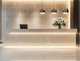 A photograph of the reception desk in an elegant hotel lobby, featuring clean lines and polished marble surfaces. The counter is lit by soft lighting that highlights its minimalist design