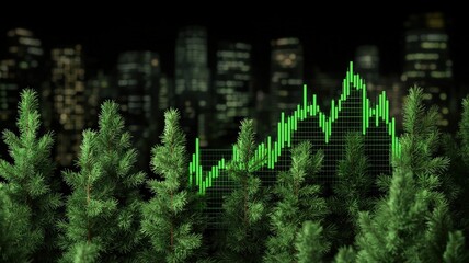 financial benefits profit sustainability concept. Growing chart amidst green trees and a city backdrop at night.