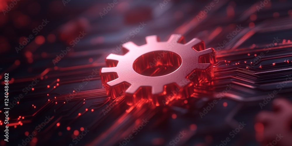 Fototapete Futuristic Digital Network Interface Red Gear on Circuit Board for Software Development and AI Innovation - Enhanced Visualization for Tech Marketing