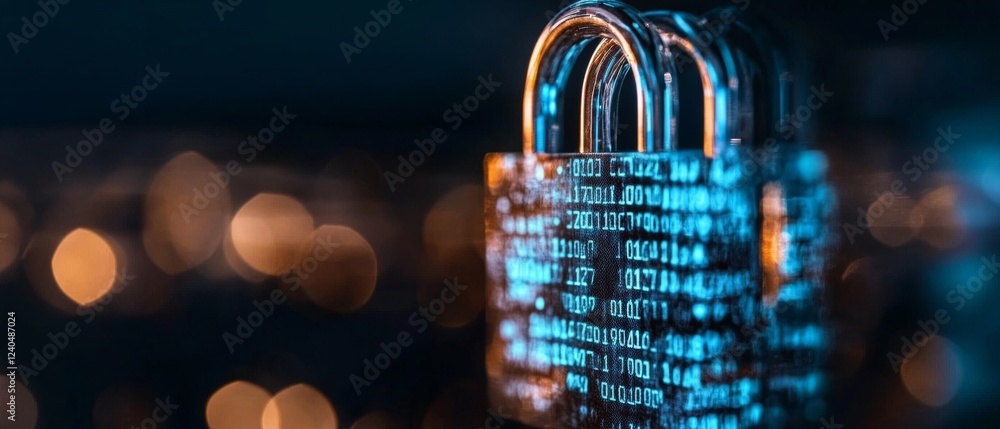 Poster Cybersecurity Aesthetics Holographic Padlock with Digital Code Overlay in Blue Hues - Advanced IT Security Content and Virtual Defense Visualization