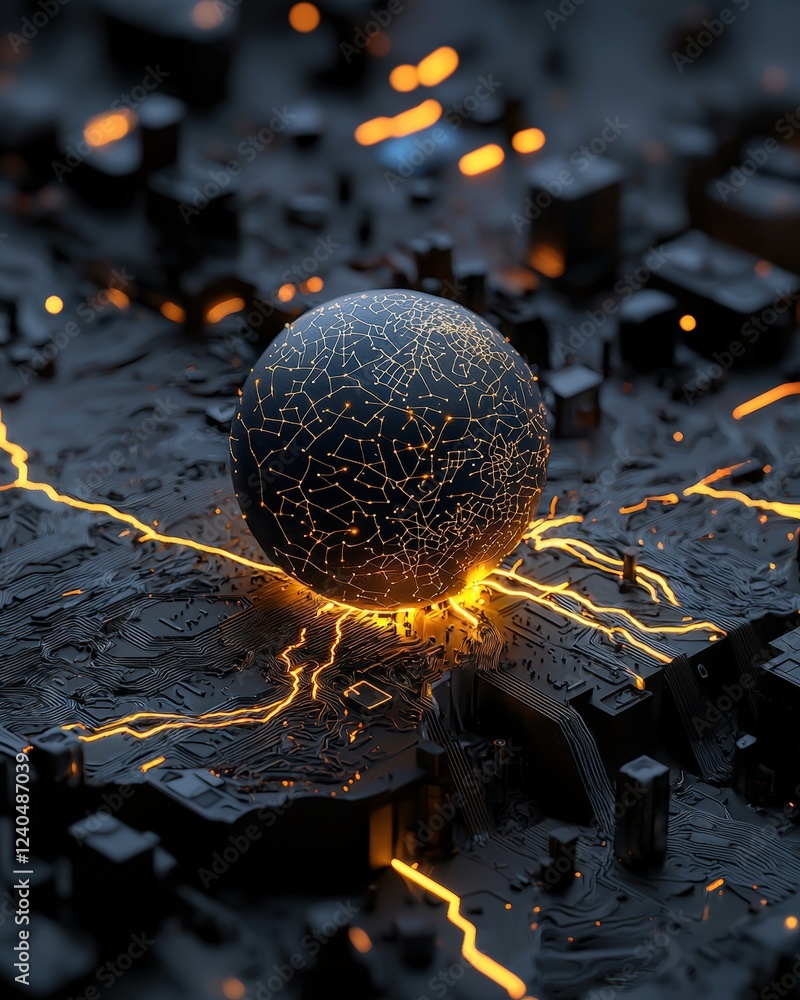 Poster a stunning abstract composition featuring a glowing sphere surrounded by intricate details and dynam