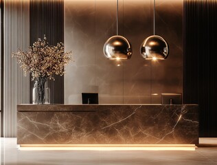 A photograph of the reception desk in an elegant hotel lobby, featuring clean lines and polished marble surfaces. The counter is lit by soft lighting that highlights its minimalist design