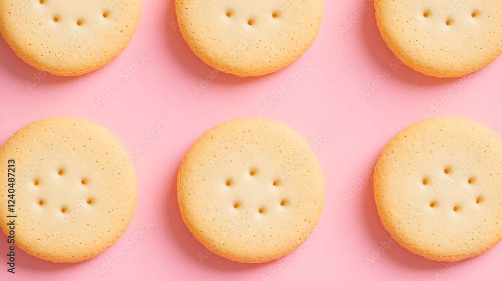 Poster delicious round cookies arranged in a neat pattern on a soft pink background for food photography