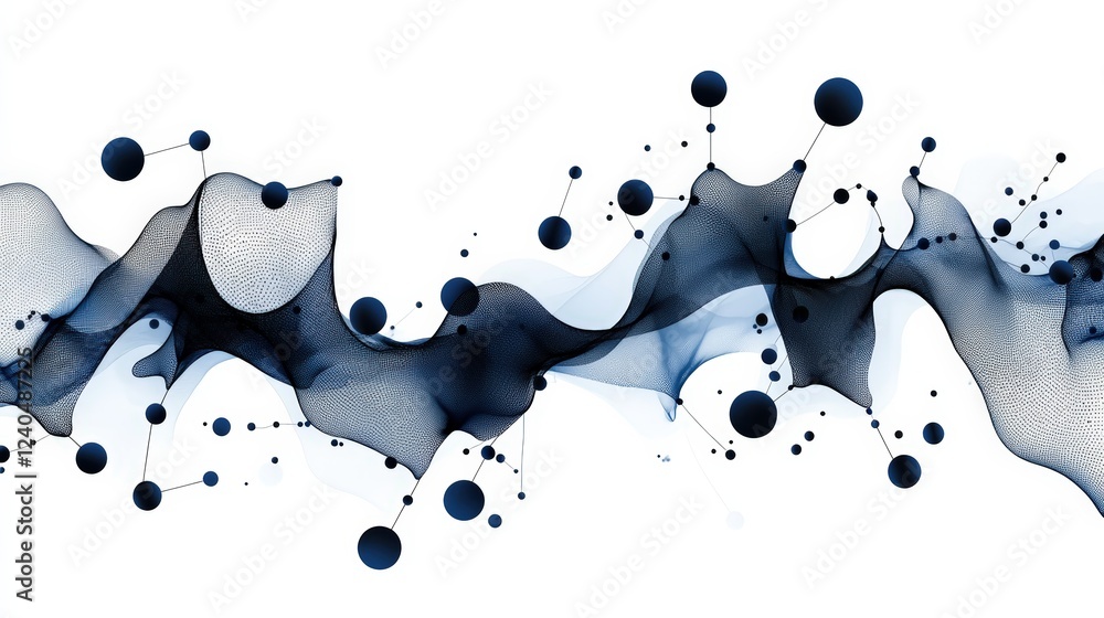 Poster a stunning abstract wave of blue ink, blending soft shapes and organic spheres creating a dynamic vi