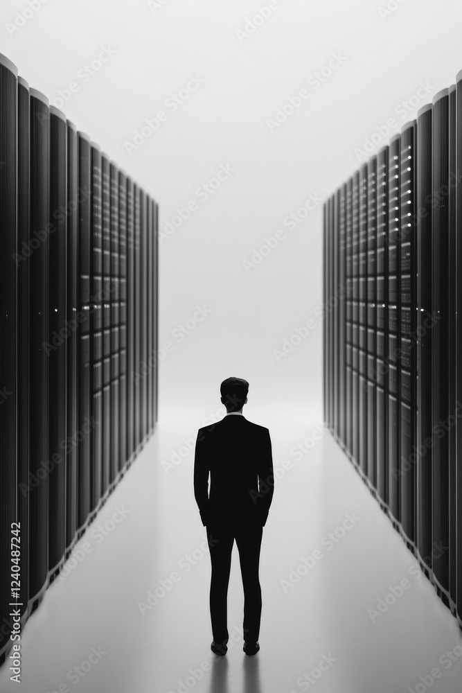 Aufkleber Minimalist Network Infrastructure Design Silhouette of Engineer Amidst Modern Data Center Racks - Industrial Tech Content for Robust Digital Solutions in Cloud Computing and Business Innovation