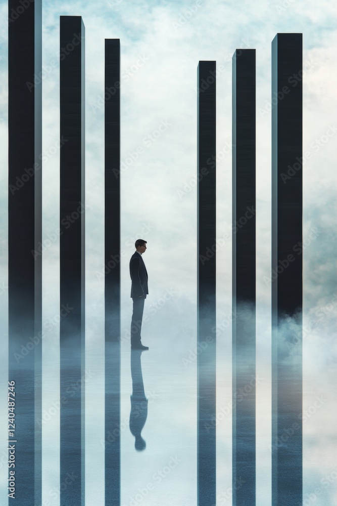 Aufkleber Futuristic Tech Visualization Engineer in Silhouette Amidst Vertical Server Racks in Fog - Dynamic Cloud Infrastructure and Modern IT Solutions for Industrial Innovation