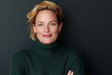 Soft-Textured Knitwear Aesthetic Woman in Green Sweater Radiating Approachability - Personal Branding and Corporate Image for Modern Business Leadership