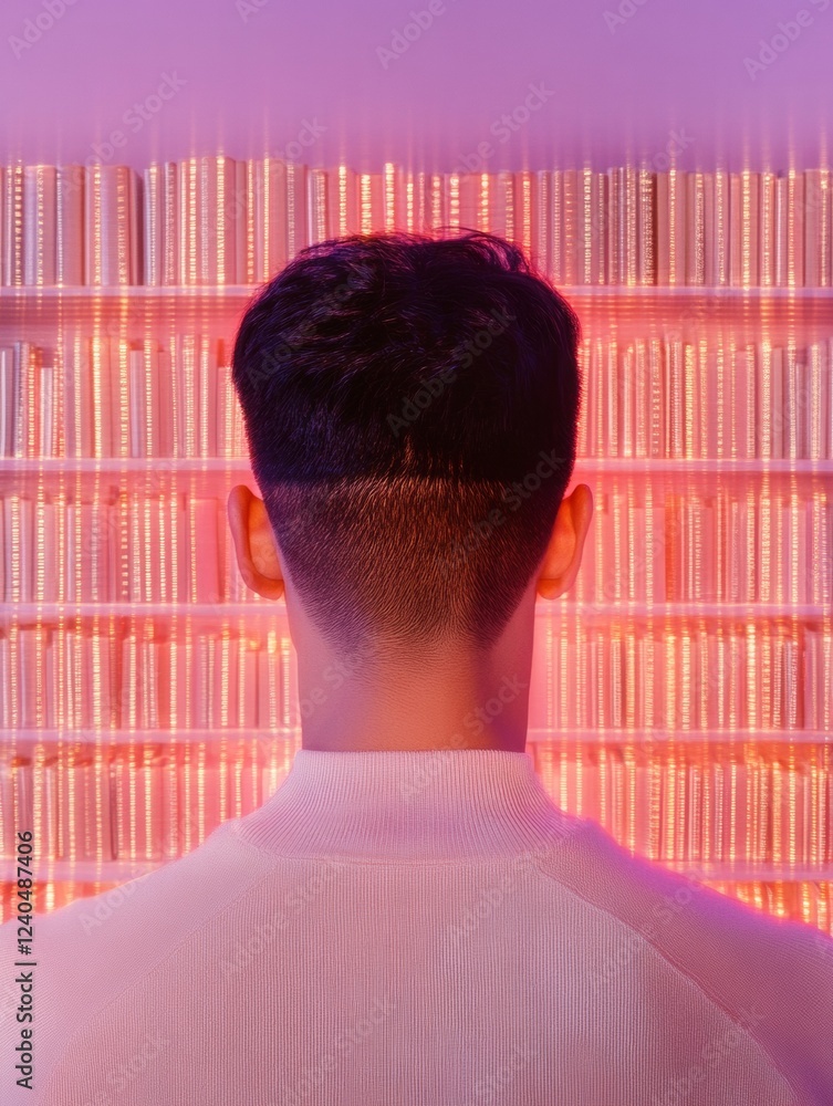 Aufkleber neon library study modern student focus in vibrant led-backlit bookshelves - transformative educatio