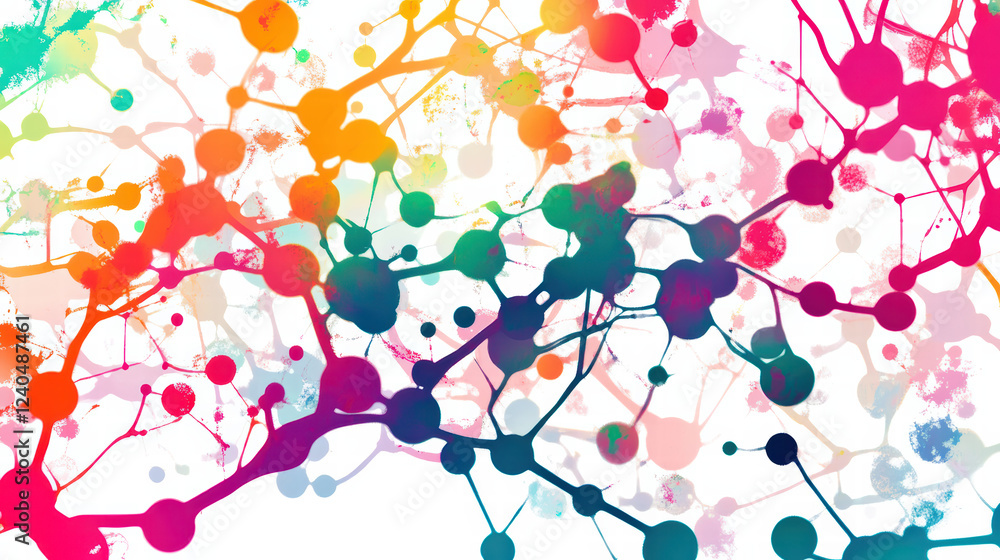 Poster colorful abstract representation of mind map with interconnected nodes and vibrant splashes. this de