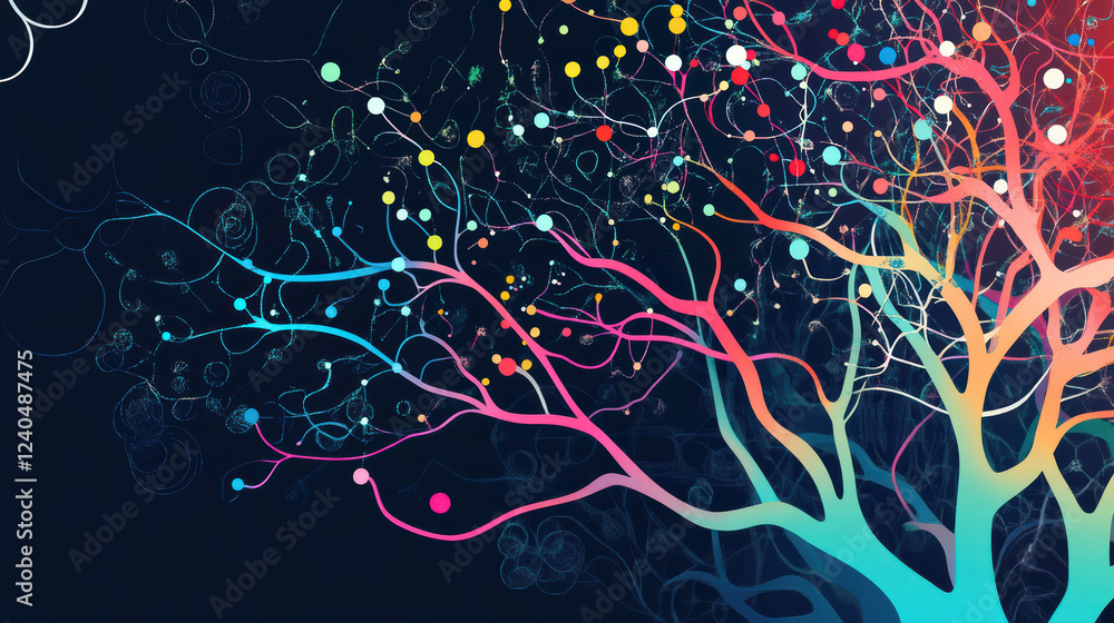 Poster abstract representation of colorful mind map with vibrant branches and dots, symbolizing creativity 