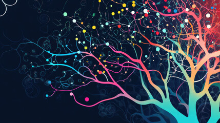 abstract representation of colorful mind map with vibrant branches and dots, symbolizing creativity and interconnected thoughts. design features dark background enhancing vivid colors