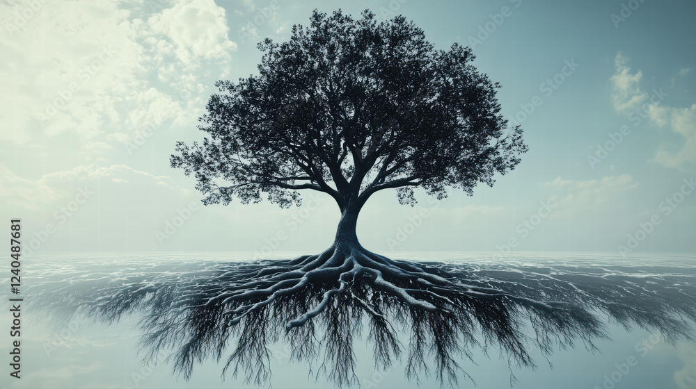 Poster surreal tree with intricate roots and branches, symbolizing growth and connection to nature. scene e