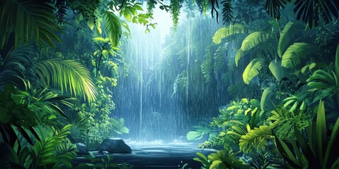 Lush Rainforest Waterfall During a Tropical Downpour