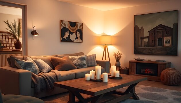 A comfortable living room with a neutral palette, featuring a plush sofa, warm lighting and a large painting. Candles on the table add a touch of warmth and intimacy. Ideal for home themes, interior.
