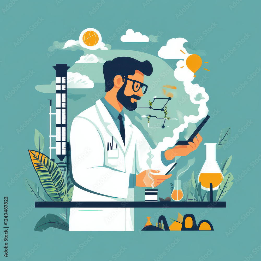 Poster scientist conducting experiments with beakers and data analysis, surrounded by plants and laboratory